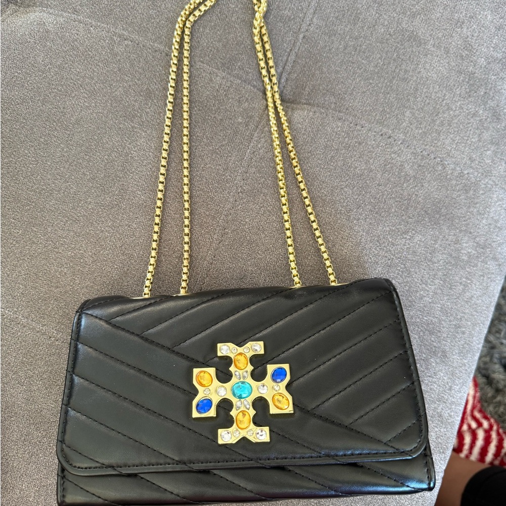Black Quilted Bag with Gold and Blue Accents